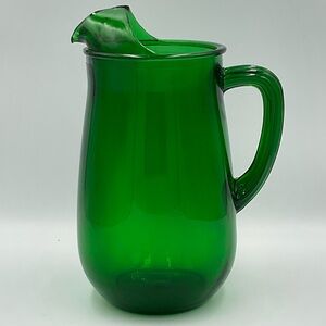 Vintage Anchor Hocking Green Glass Pitcher with Ice Lip